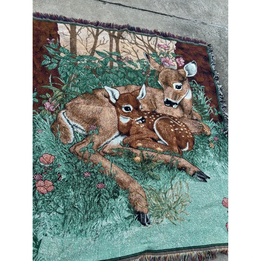 Unbranded Deer Fawn Woven Tapestry Blanket 54x48 Green Brown Nature Throw Decor